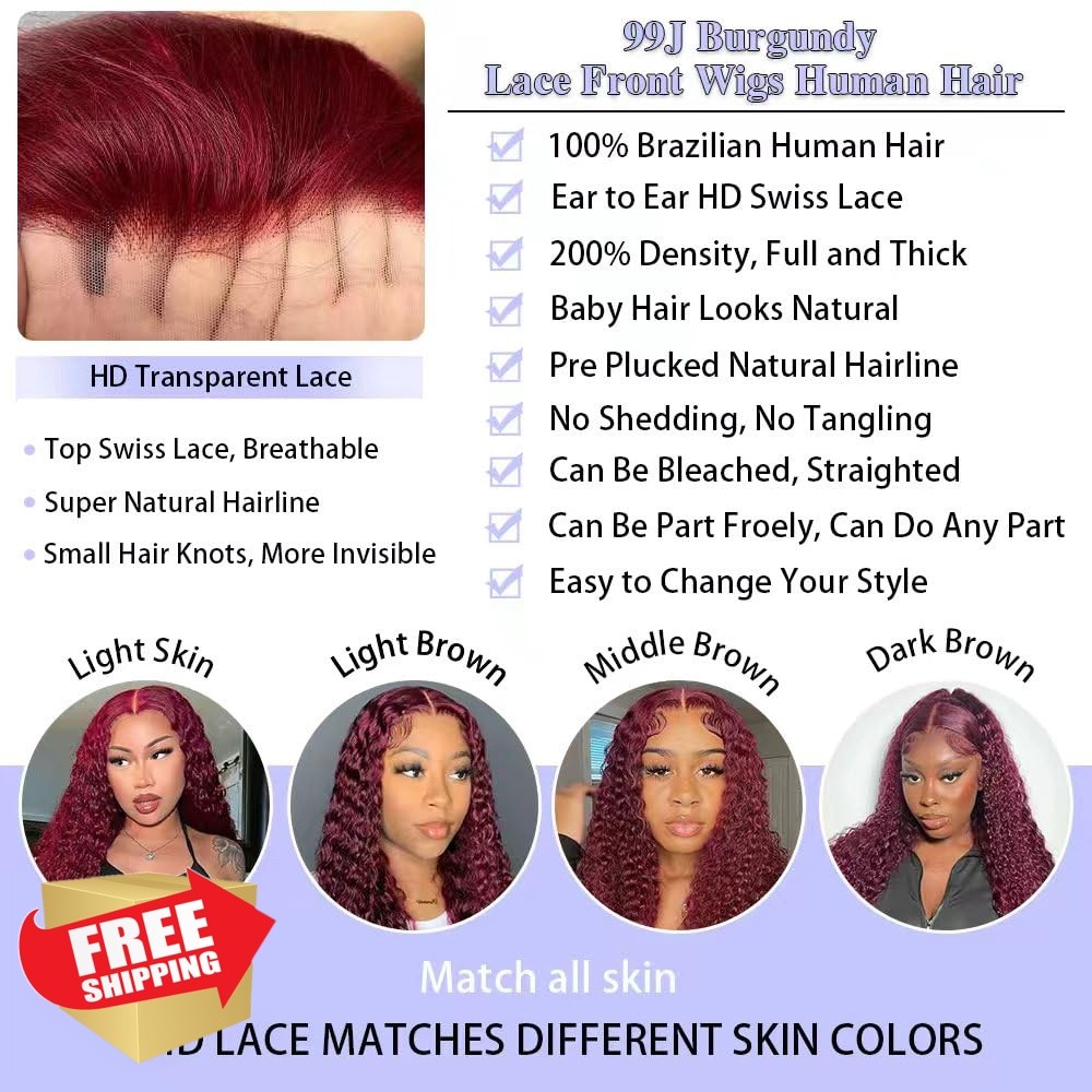 WAAHRR 18″ 99j Burgundy Deep Wave Lace Front Wig
