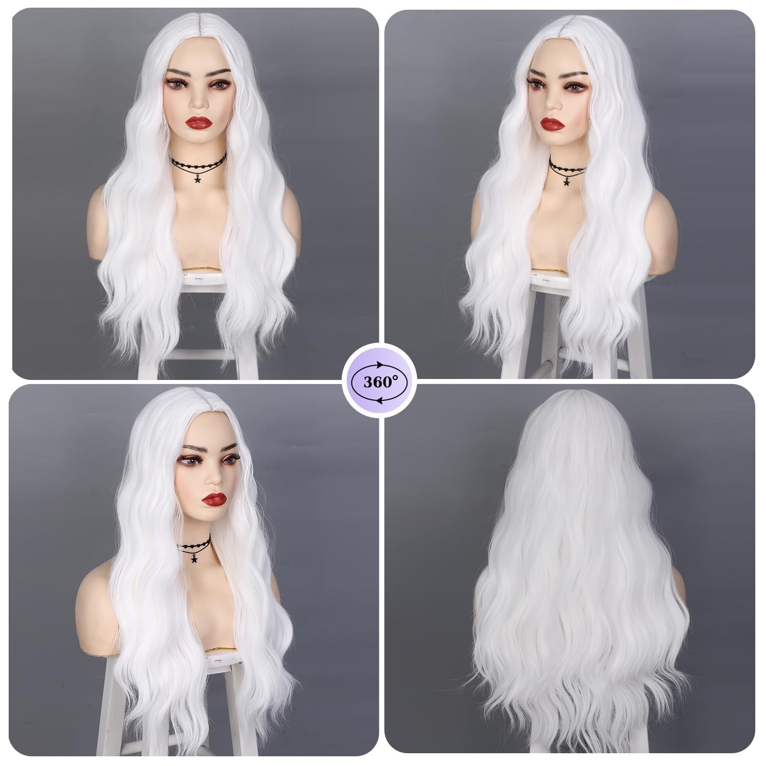 Long White Wigs for Women White Long Curly Wavy Wig Middle Part Synthetic Wig…