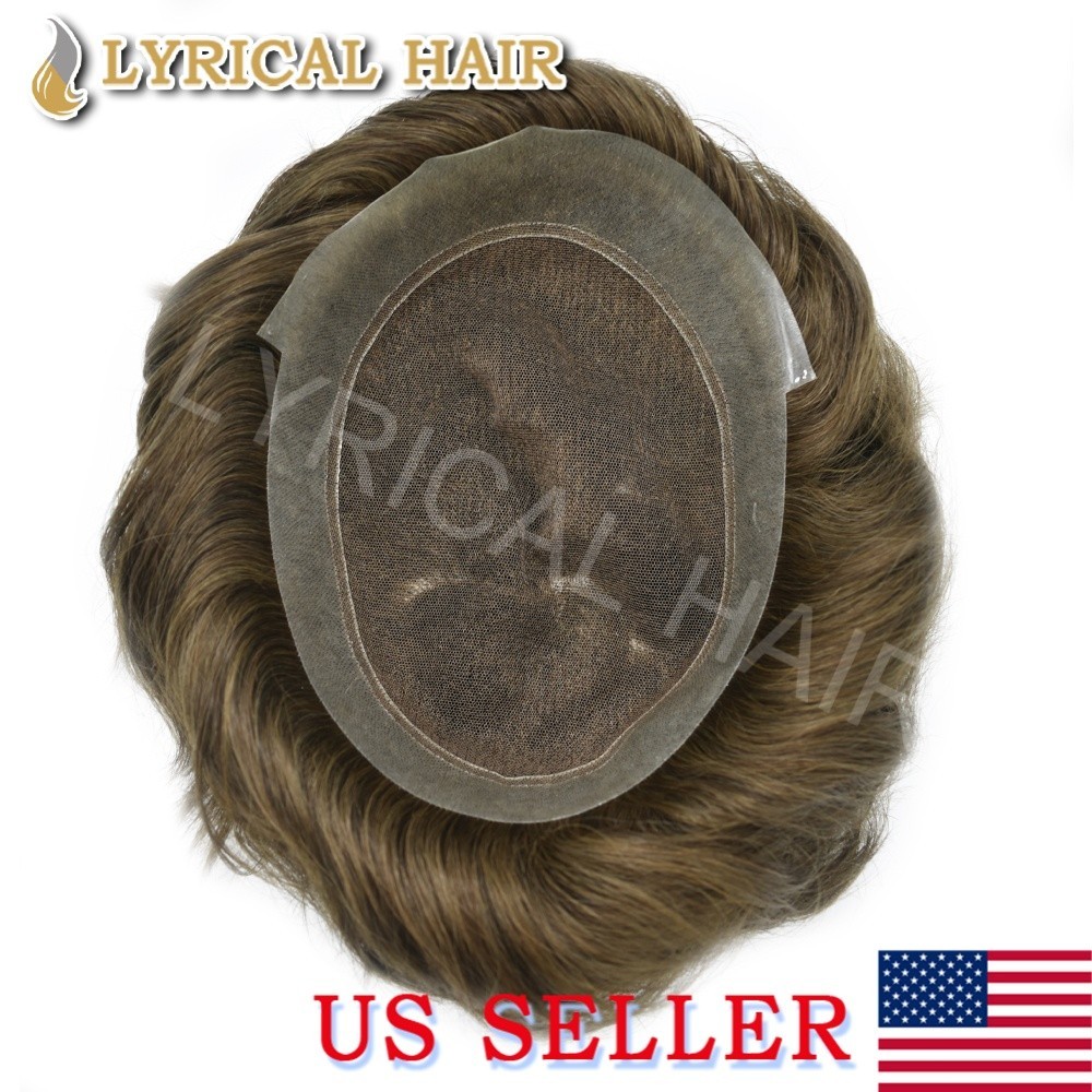 US Mens Toupee French Lace Hairpiece Poly PU Skin Around Hair Replacement System