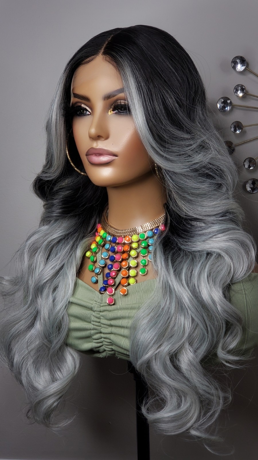 New Long Curly Money Piece Silver Gray Black Lace Front Wig Womens Wavy Style