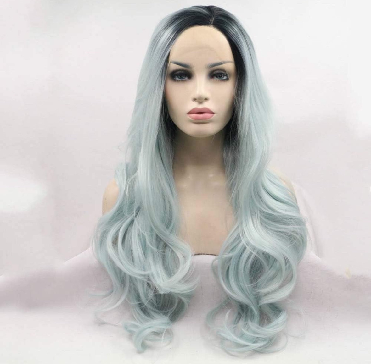 Blue Heat Resistant Fiber Hair Synthetic Lace Front Dark Root 24in Wavy Lace Wig