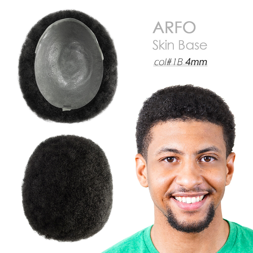Mens Toupee Human Hair Replacement System 4mm Afro Curls Skin Black Hairpieces