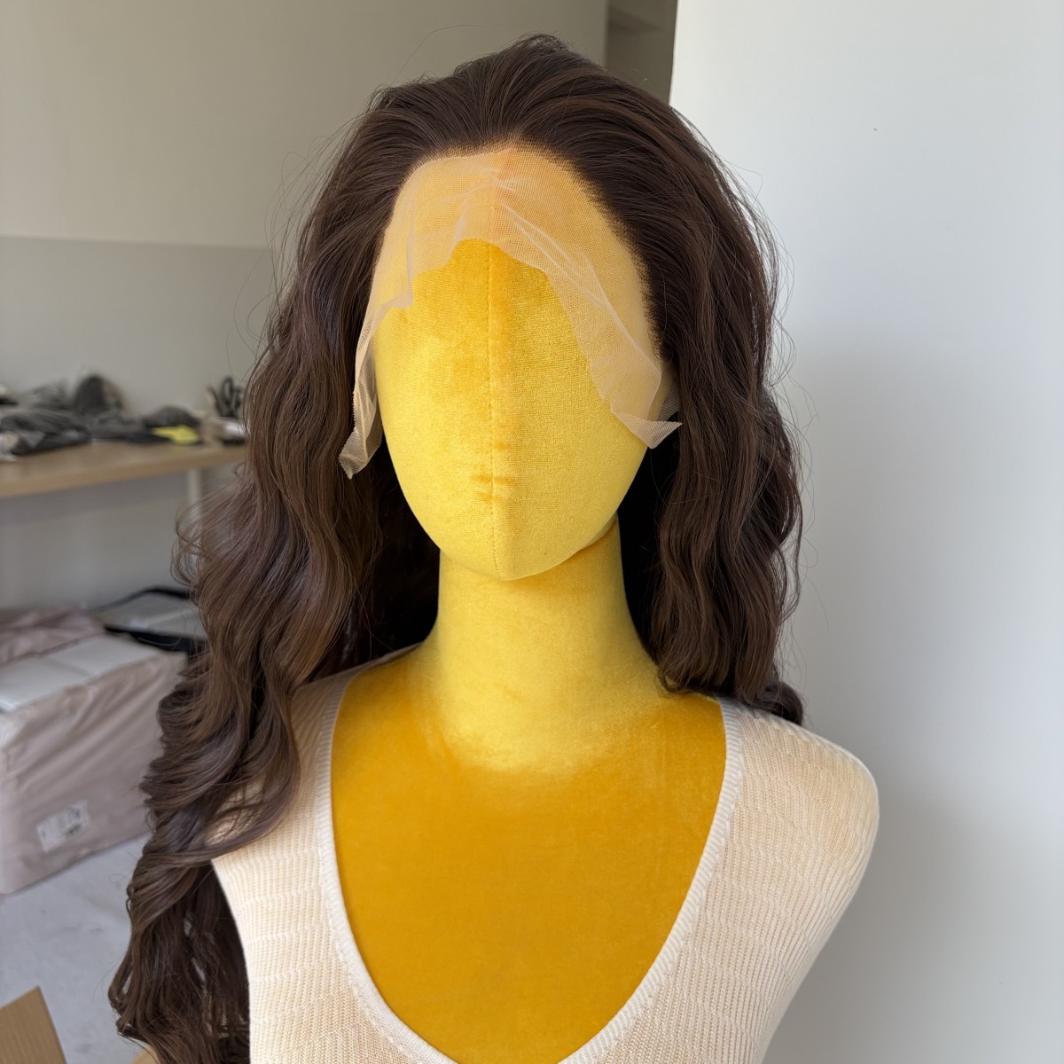 Dark brown Heat Resistant Synthetic Hair Lace Frontal Wigs Long Wavy
