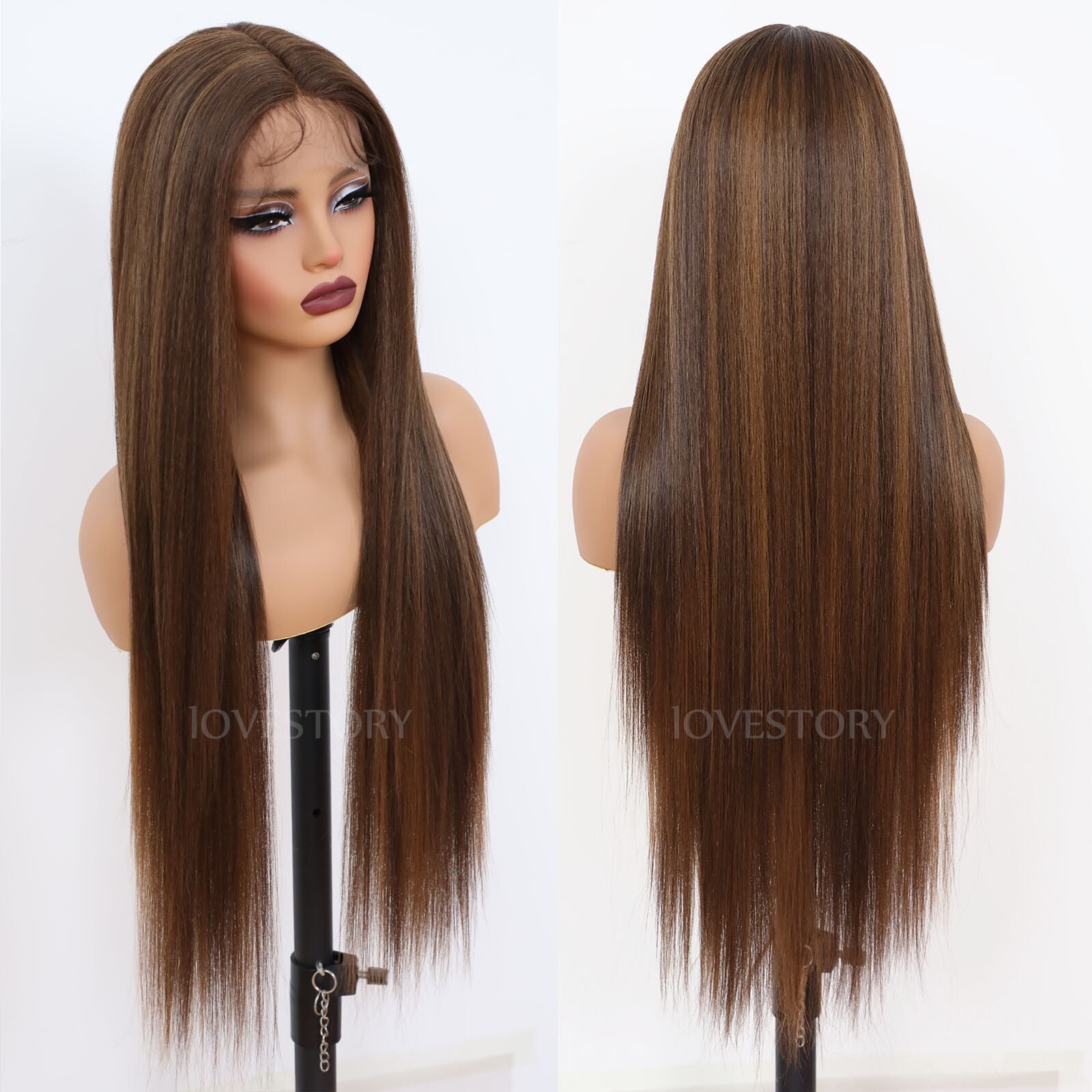 Synthetic Lace Front Wigs 32 Inch Long Straight Brown Blonde Highlights Women