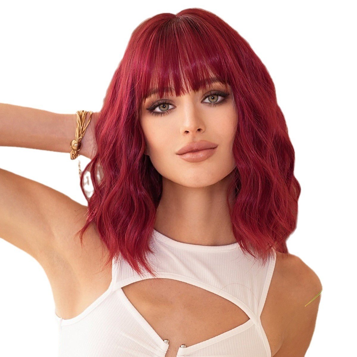 Red wine color 12-inch short curly wig for women with a straight Bob hairstyle
