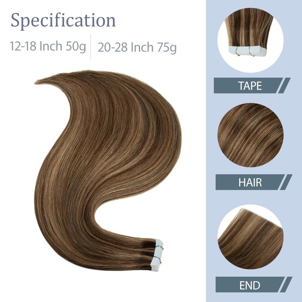 Meaqiiey P4/27 Highlight Blonde Tape In Extensions Human Hair 16 Inch Brown