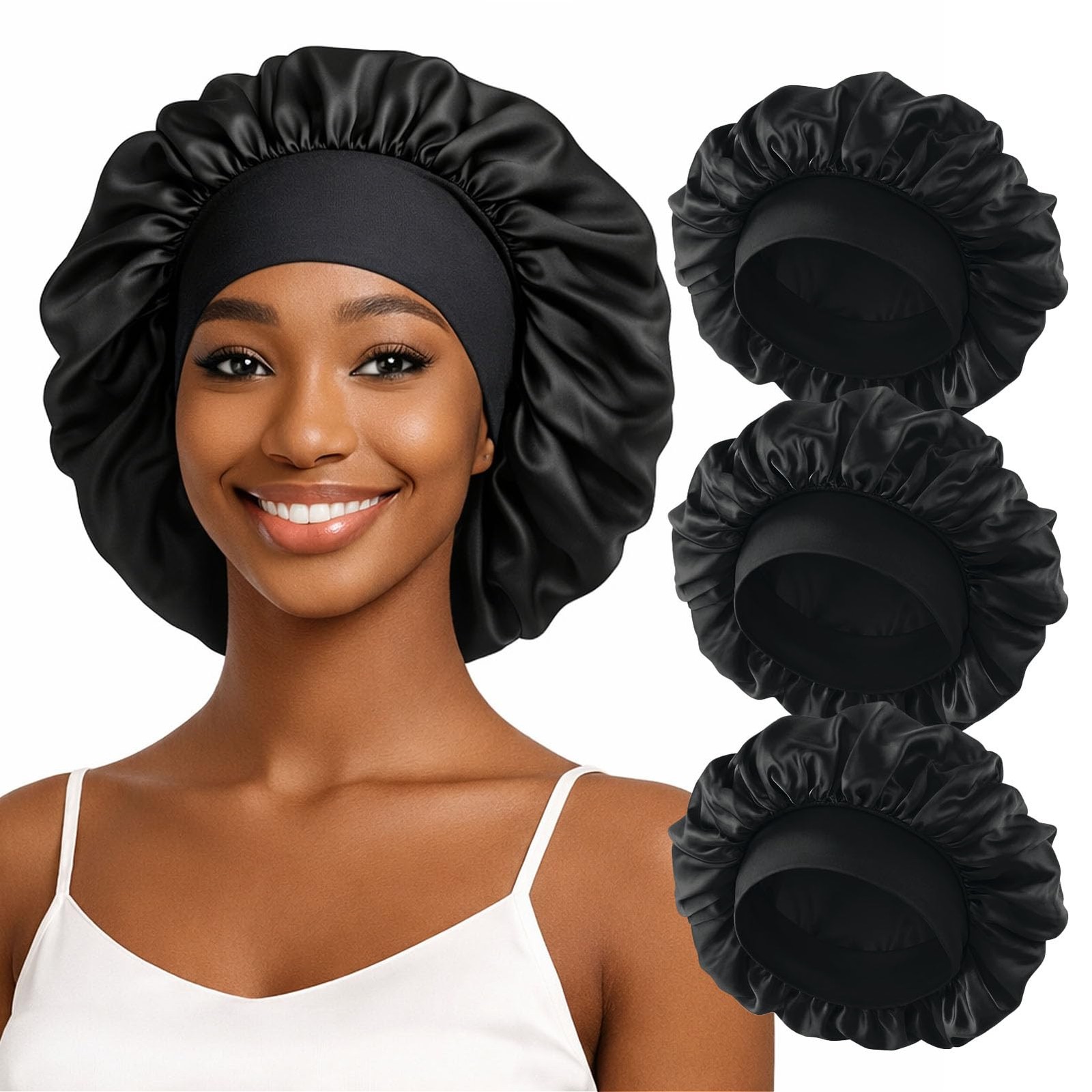 3PCS Silk Sleep Bonnet for Women, Large Satin Hair Caps with Elastic Band, Cu…