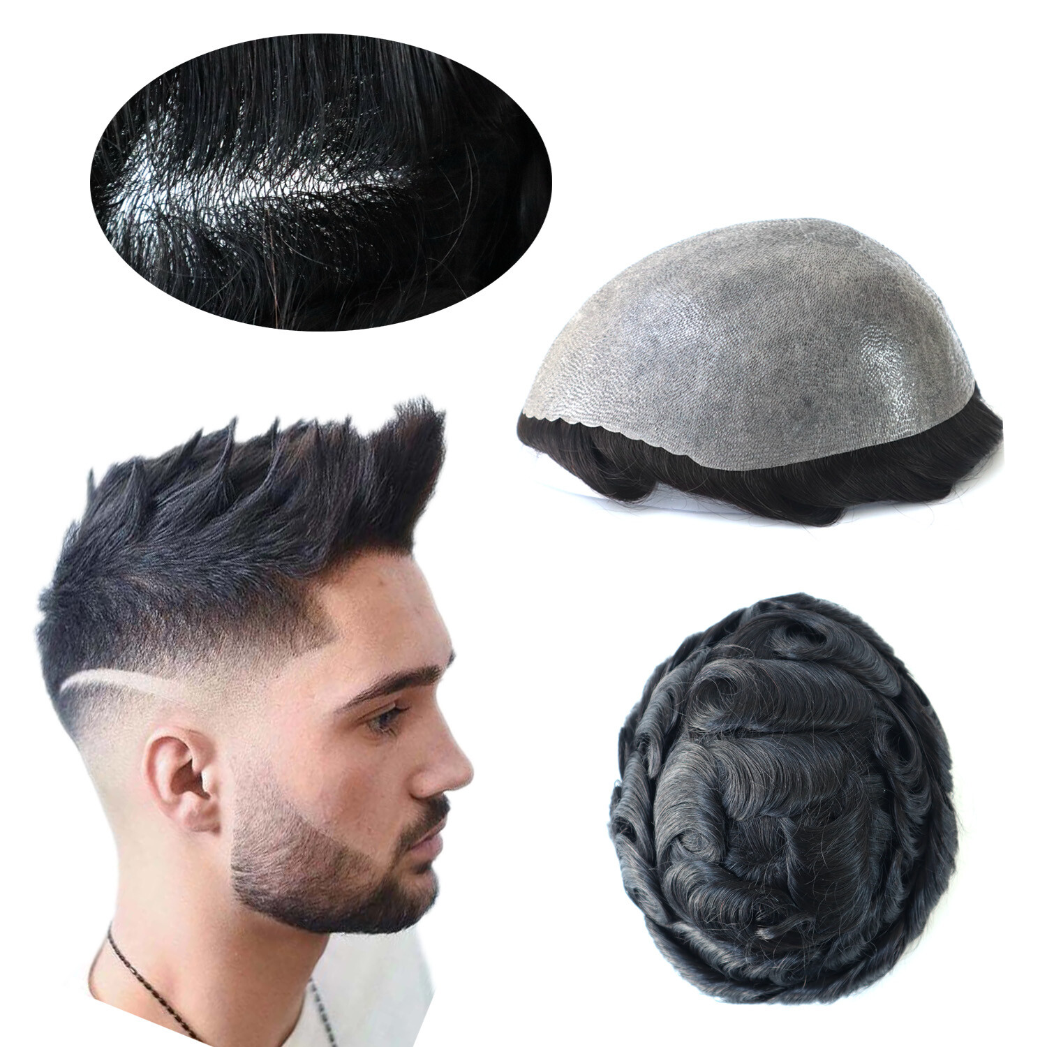 Mens Human Hair Replecement System Poly Skin Toupee V Looped Hair Pieces 8×10
