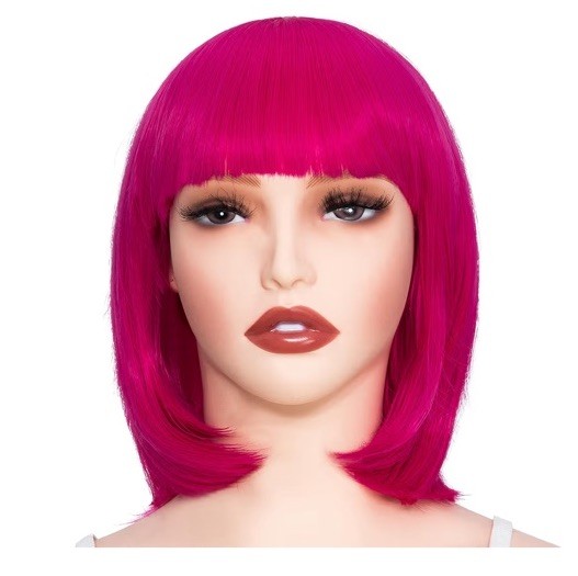 Rose Bud Hot Pink Bob Wig with Fringe 12 Inch Short Straight Costume Wigs For
