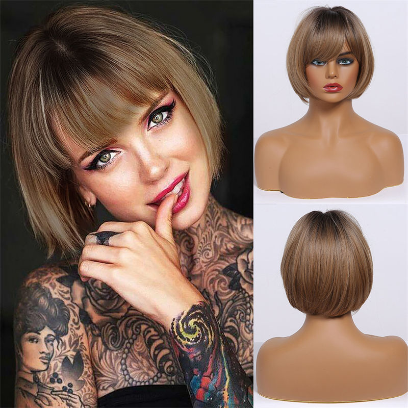 Pink Bobo Short Hair Full Head Cover Gradient Fashion Straight Bangs Wig