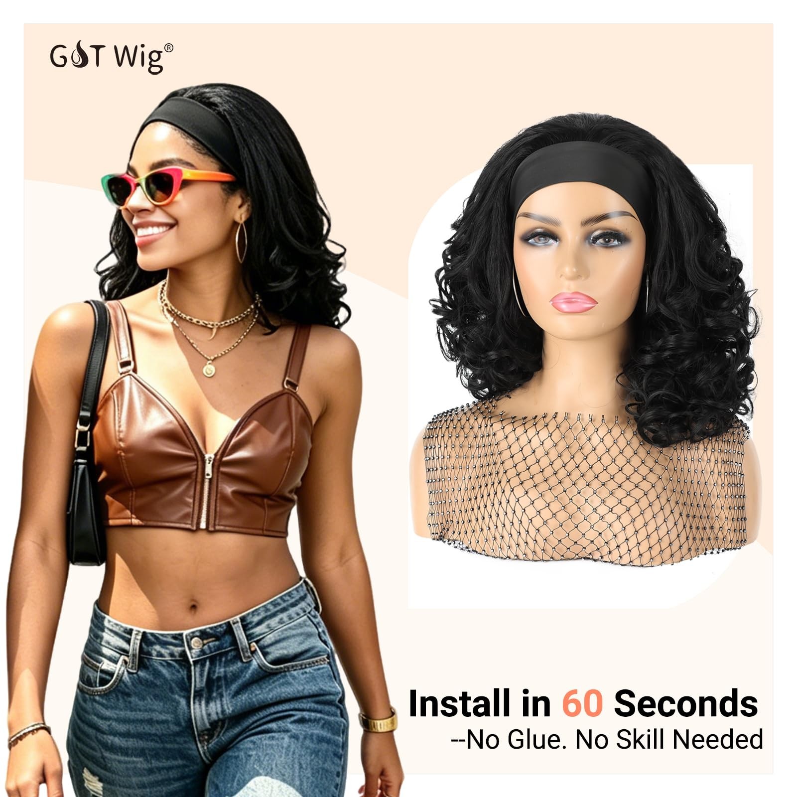 Yaki Curly Headband Wigs for Black Women Kinky Straight Curly Headband Wigs S…