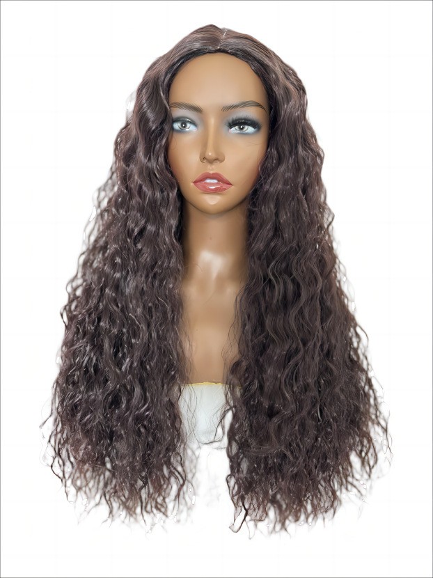 Black Water Wave Yaki Curly Wig with Middle Part Heat Resistant Synthetic Full