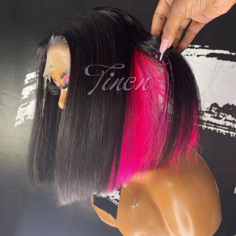 Hot Pink Underneath Dyed Hair Synthetic Lace front Black BOB Hair Straight Wigs
