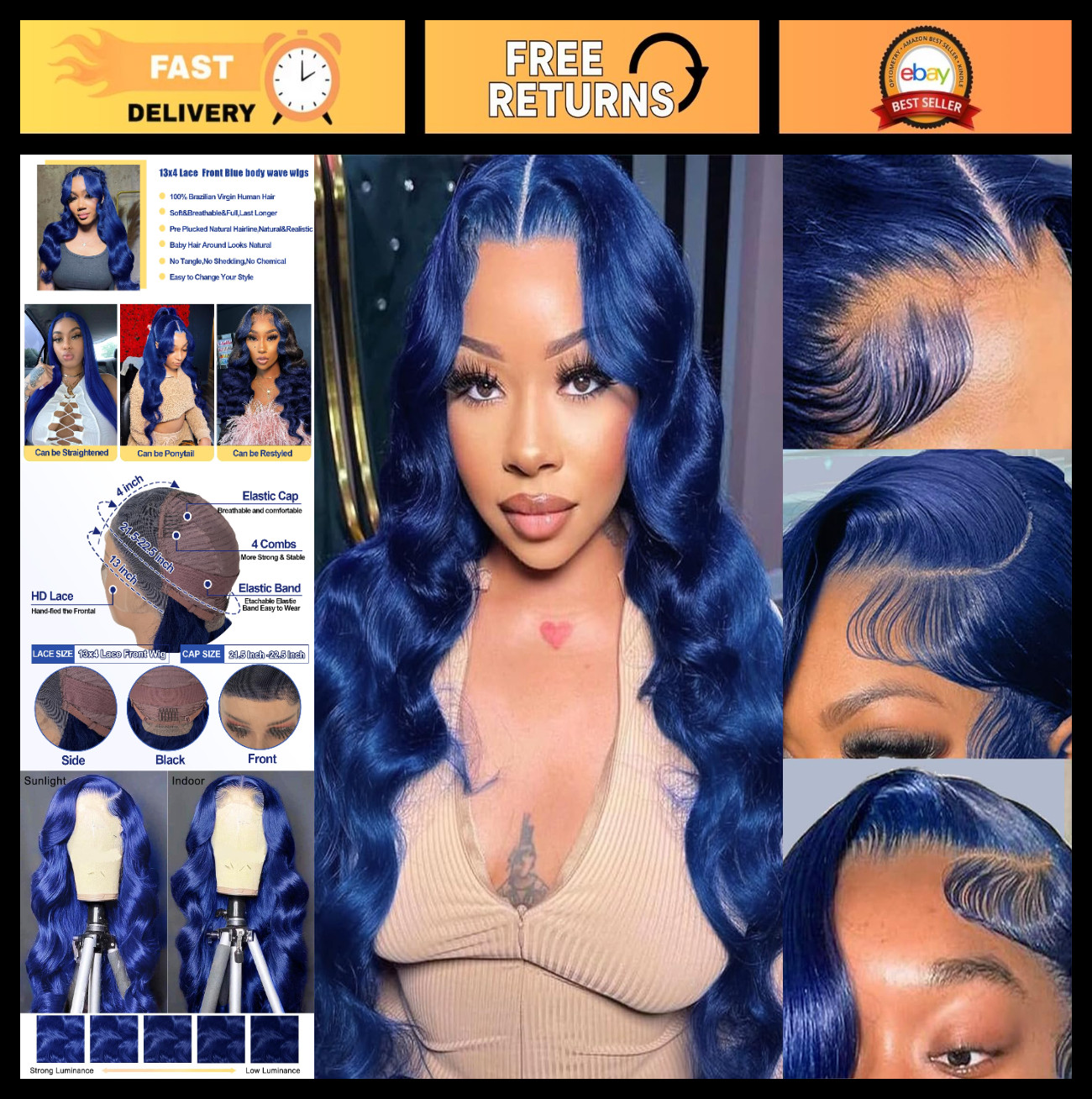 26″ Blue Lace Front Wig Human Hair Body Wave 13×4 HD Transparent Frontal 180% De
