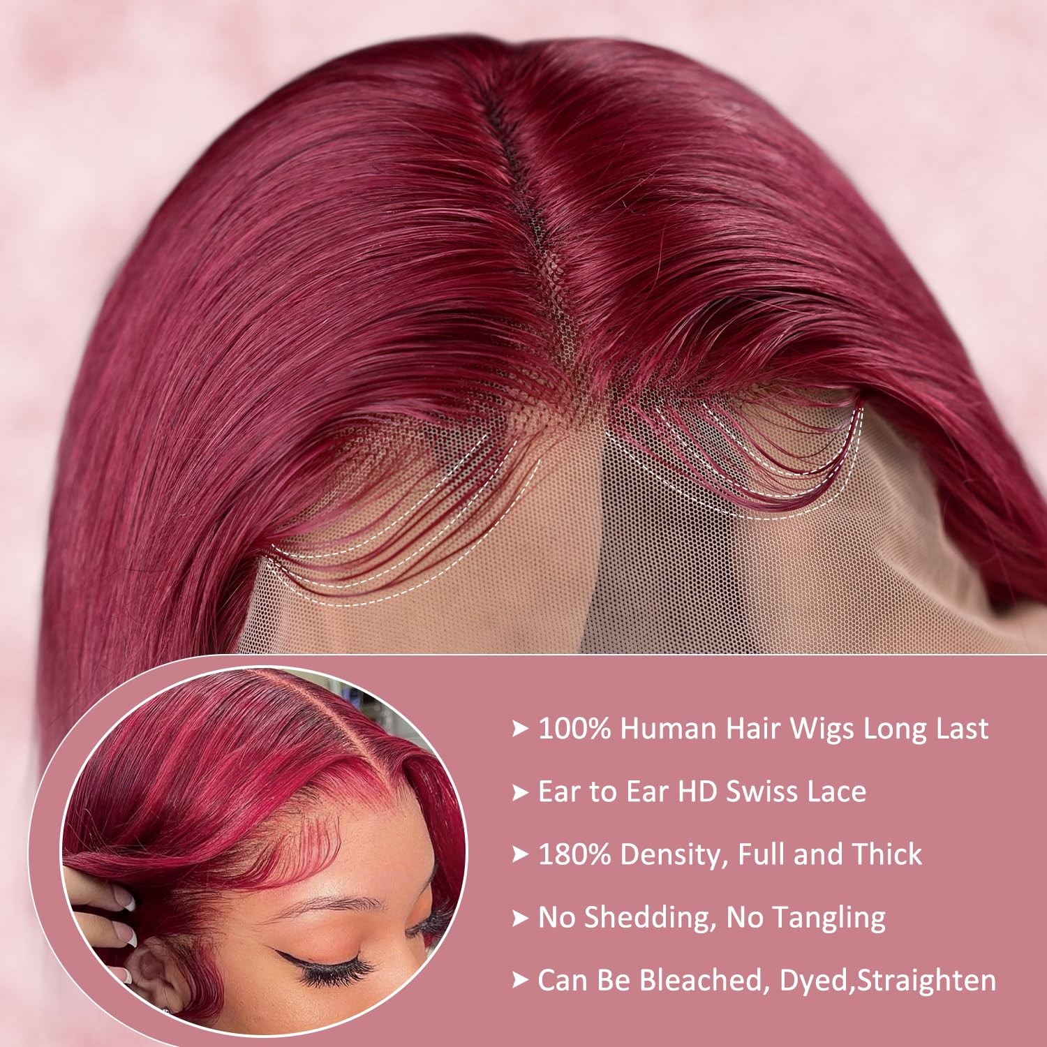 Alimoonbeam 26 Inch 99J Burgundy T Part Lace Front Wigs Human Hair Red Burgundy
