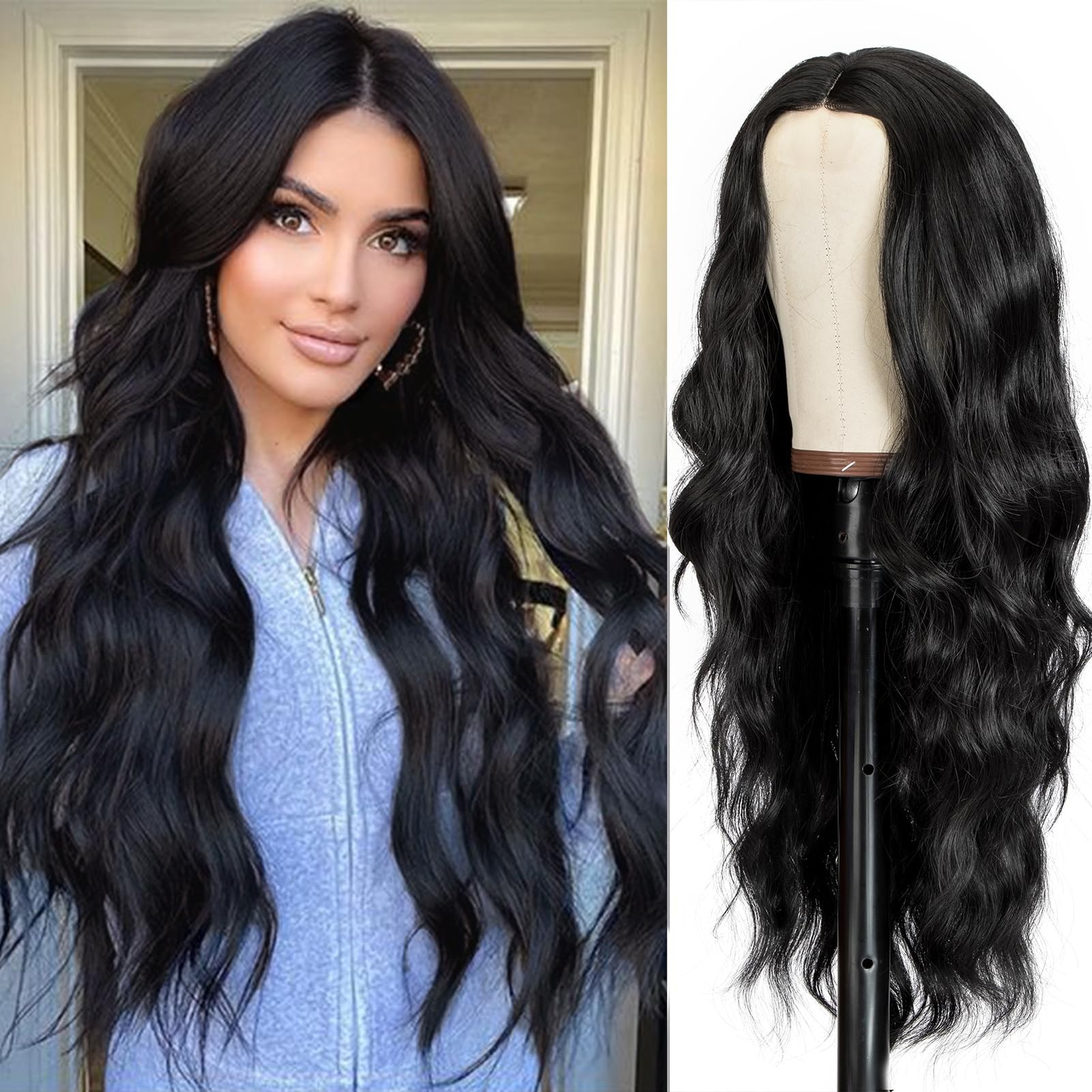 Long Wavy Wig for Women 26 Inch Black Synthetic Lace Front Wig Middle Part Cu…
