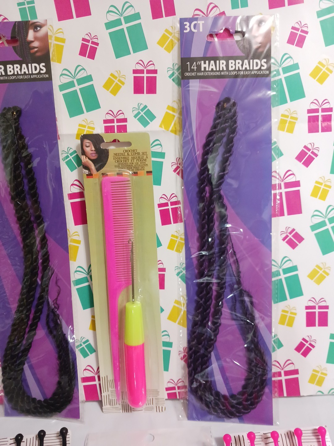 Hair Braids 14″ black + purple. crochet needle, comb, seperater comb, wrap.