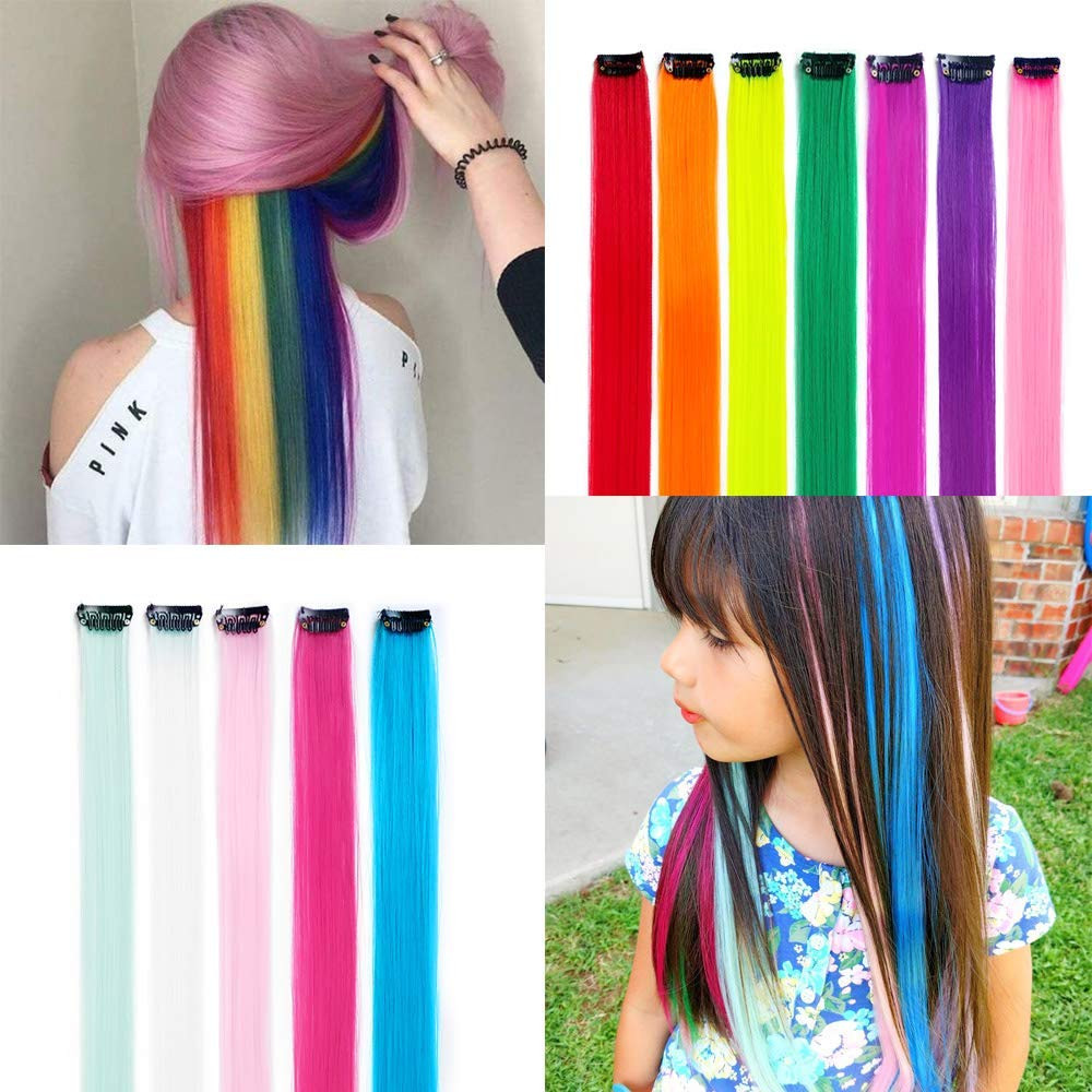 32 Pack Rainbow Colored Hair Extension Party Highlights Clip On Hairpiece