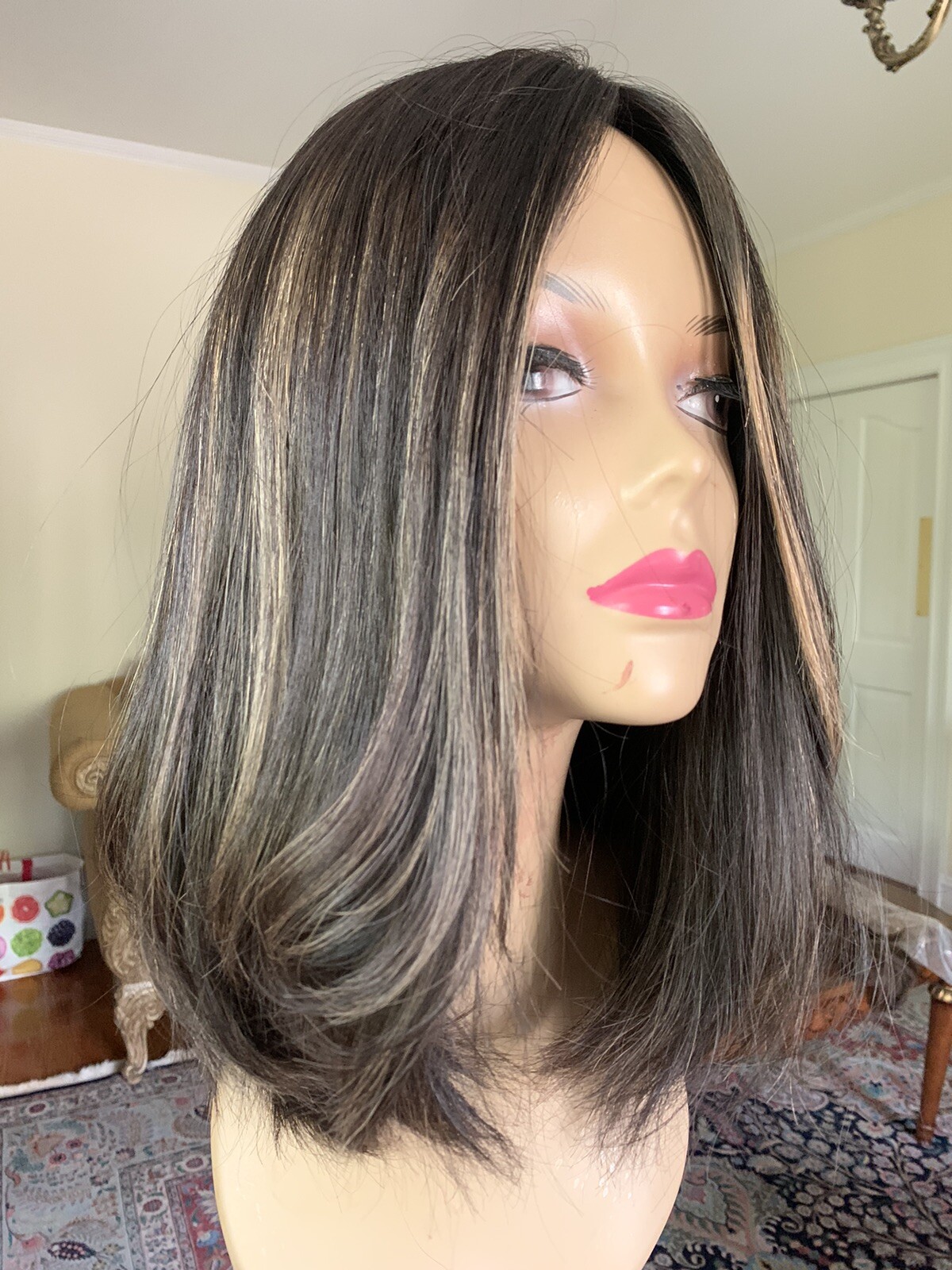 REMI JEWISH WIG HAIR M CAP SILK TOP SOFT BLACK WITH CARAMEL HIGHLIGHTS BOB 15″