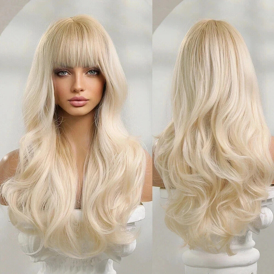 Human Hair New Women’s Long Natural Light Blond Wavy Wig 24 Inch