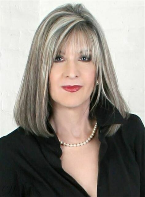 Smooth Charm Occident Gray With White Mid-length Straight Wig