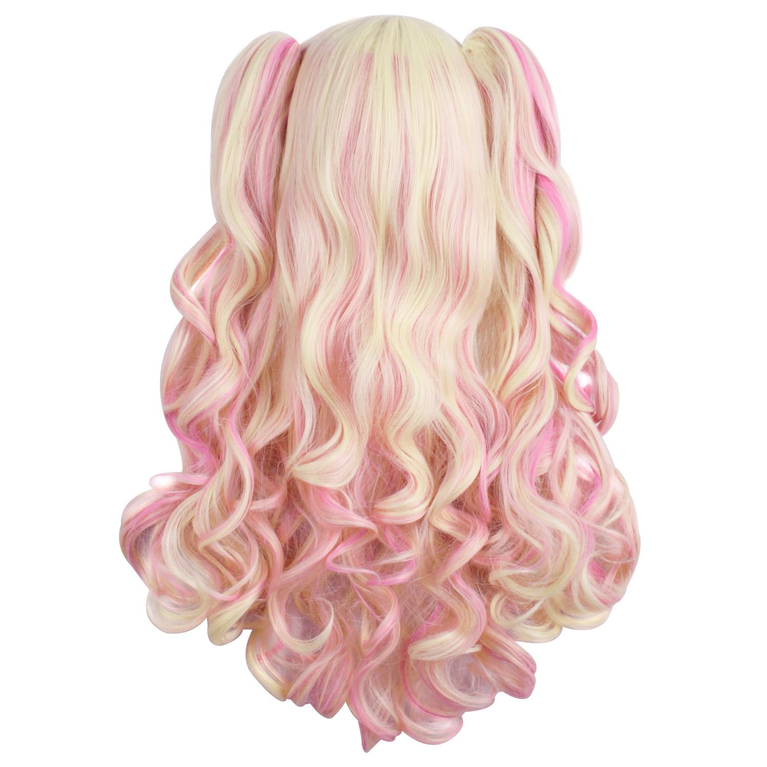 MapofBeauty Multi-color Long Curly Clip on Ponytails Cosplay Wig (Blonde/Pink)