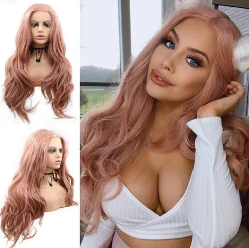 Pink Rose Gold Synthetic Hair Lace Front Wigs Fluffy Natural Wave Heat Resistant