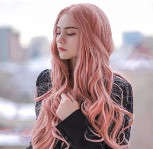 Pink Rose Gold Synthetic Hair Lace Front Wigs Fluffy Natural Wave Heat Resistant