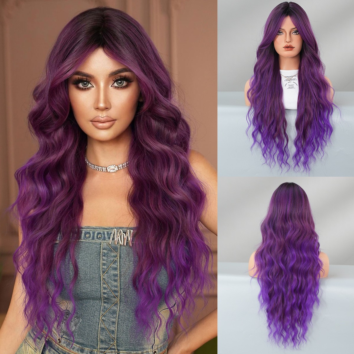 Dark Purple Long Wavy Wig Heat-Resistant Lolita Synthetic Hair Wigs for Women