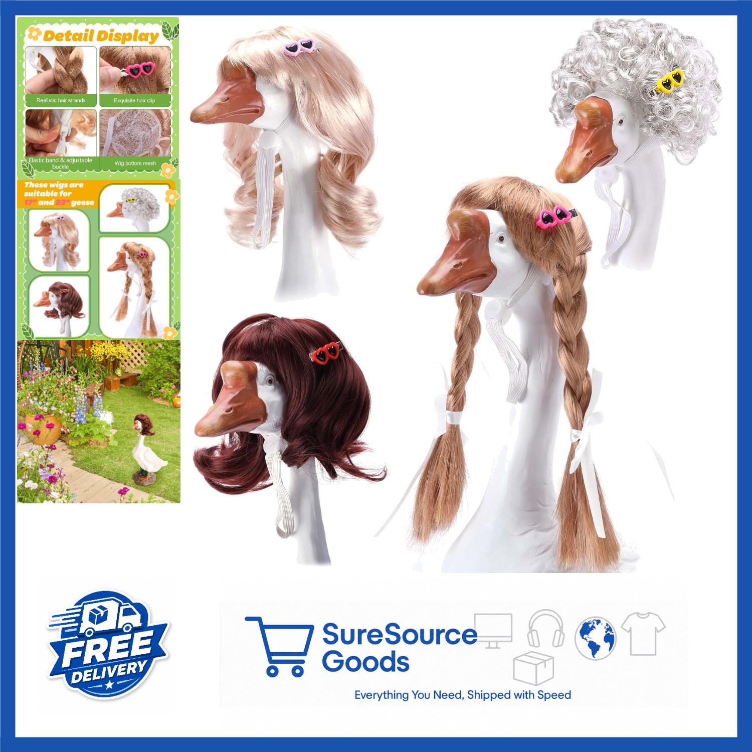 4 Pcs Goose Wigs with Hair Clips for Outdoor Decoration Multiple Colors