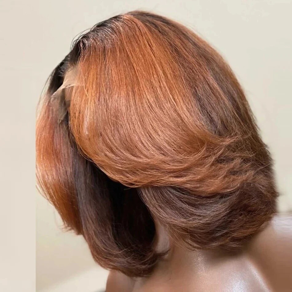 Brazilian Remy Short Bob 4×4 Lace Front Human Hair Wig Ginger Brown Layered