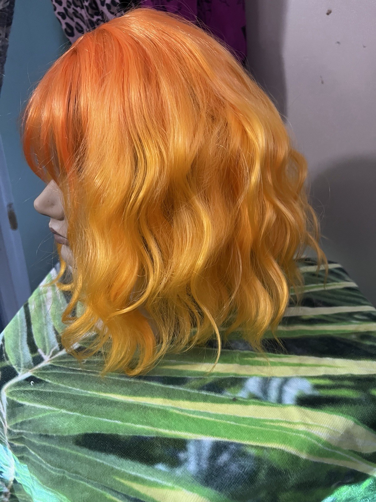 Adult Women’s Wavy Wig with Bangs Orange/Yellow Colored Hairpiece