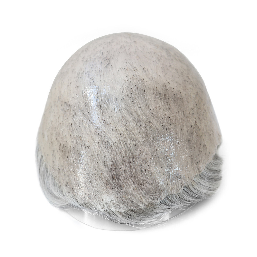 Mens Human Hair Replacement System Injection Skin Toupee Grey Hair Piece#1B80