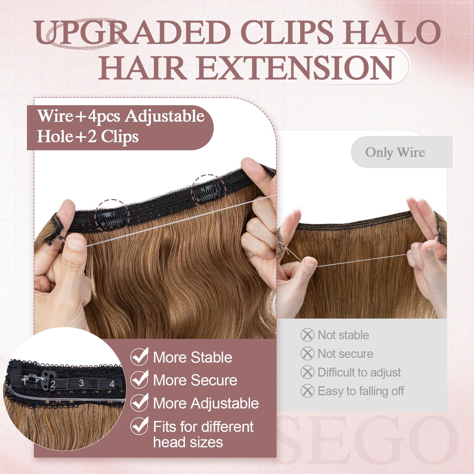 Sego Pro Halo Hair Extensions Real Human Hair Wavy Invisible Wire Hairpiece