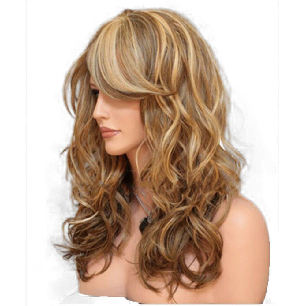 Long Natural Wavy Ombre Brown Blonde Wigs with Bangs for Women Daily Use Hair US