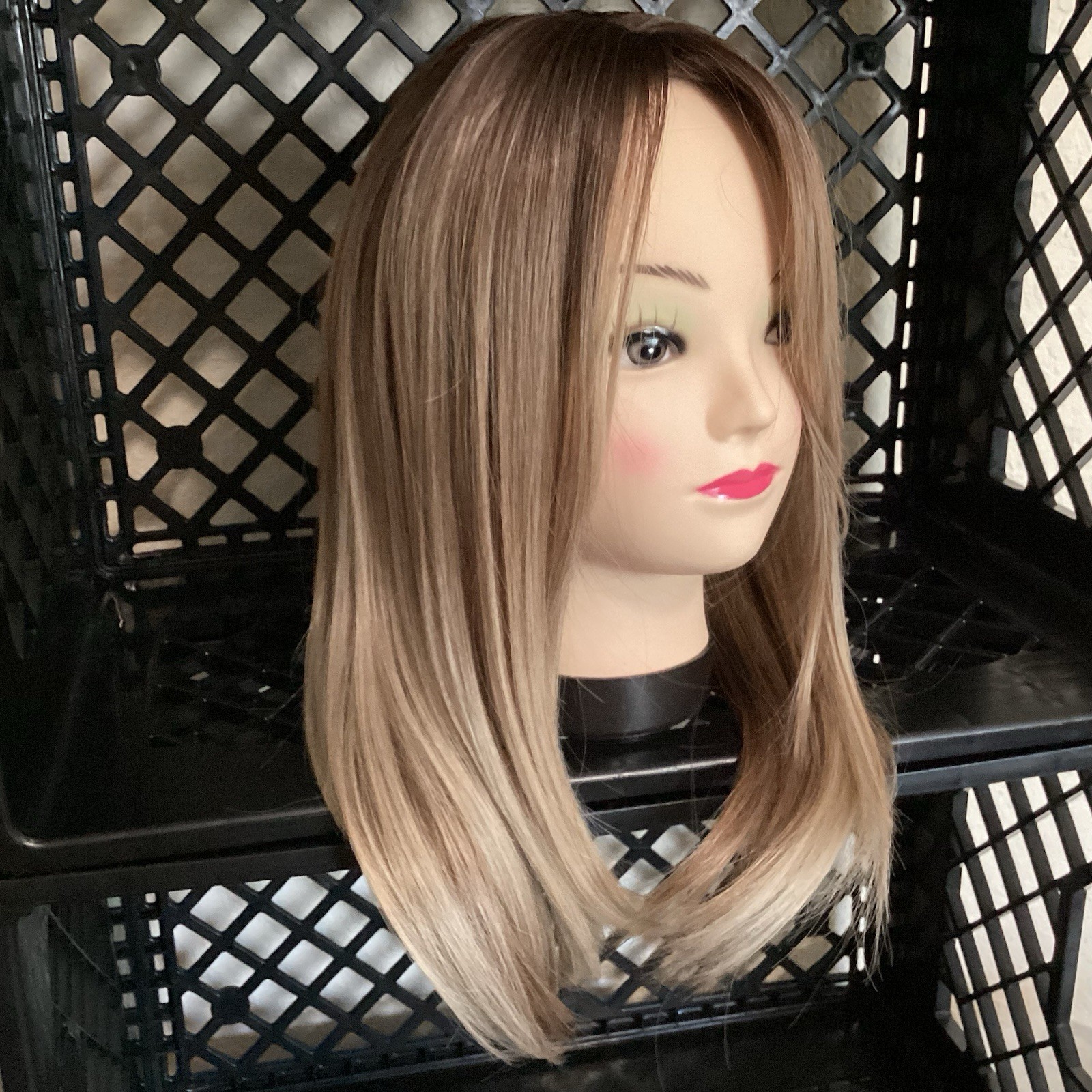 Ash Blond Wig 16” With Bangs Ombré Gradient Dark Roots Rooted Middle Part