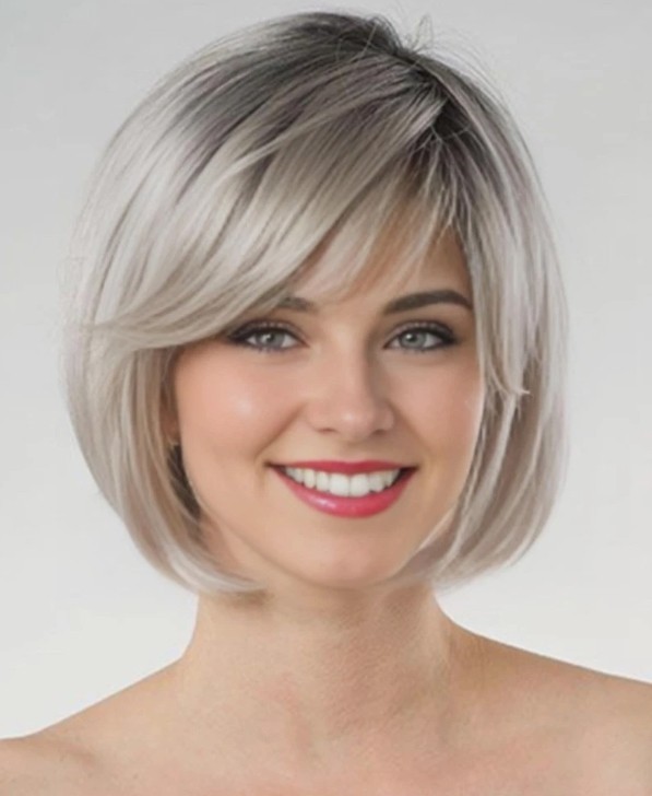 Grey Bob Short Wigs for White Women Ombre Gray Bob Wig with Bangs Wigs