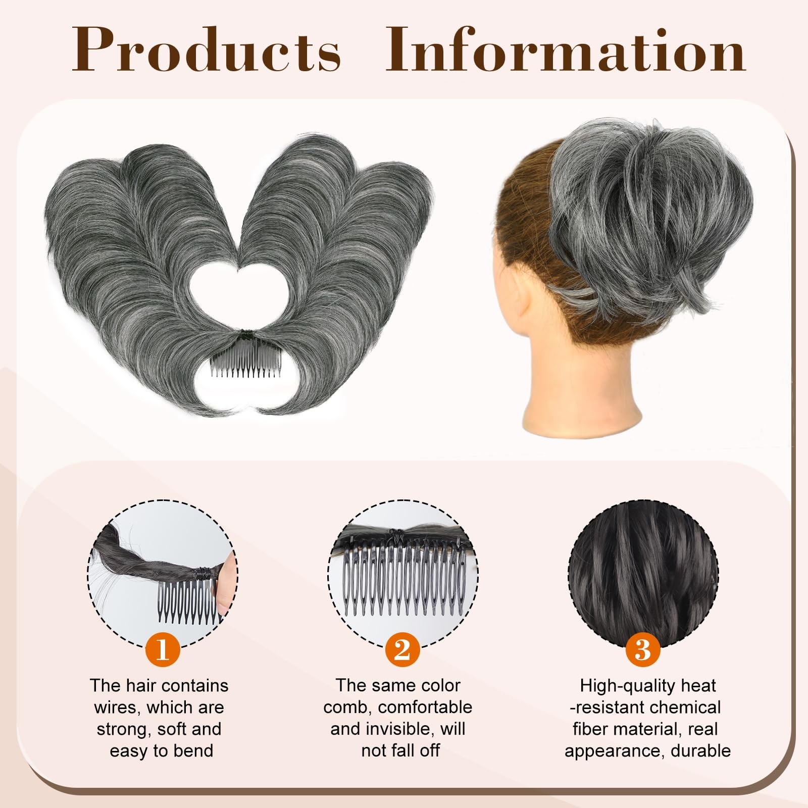 QGZ Messy Bun Hairpiece,Tousled Updo Clip in Hair 1PCS, Dark Grey ombre White