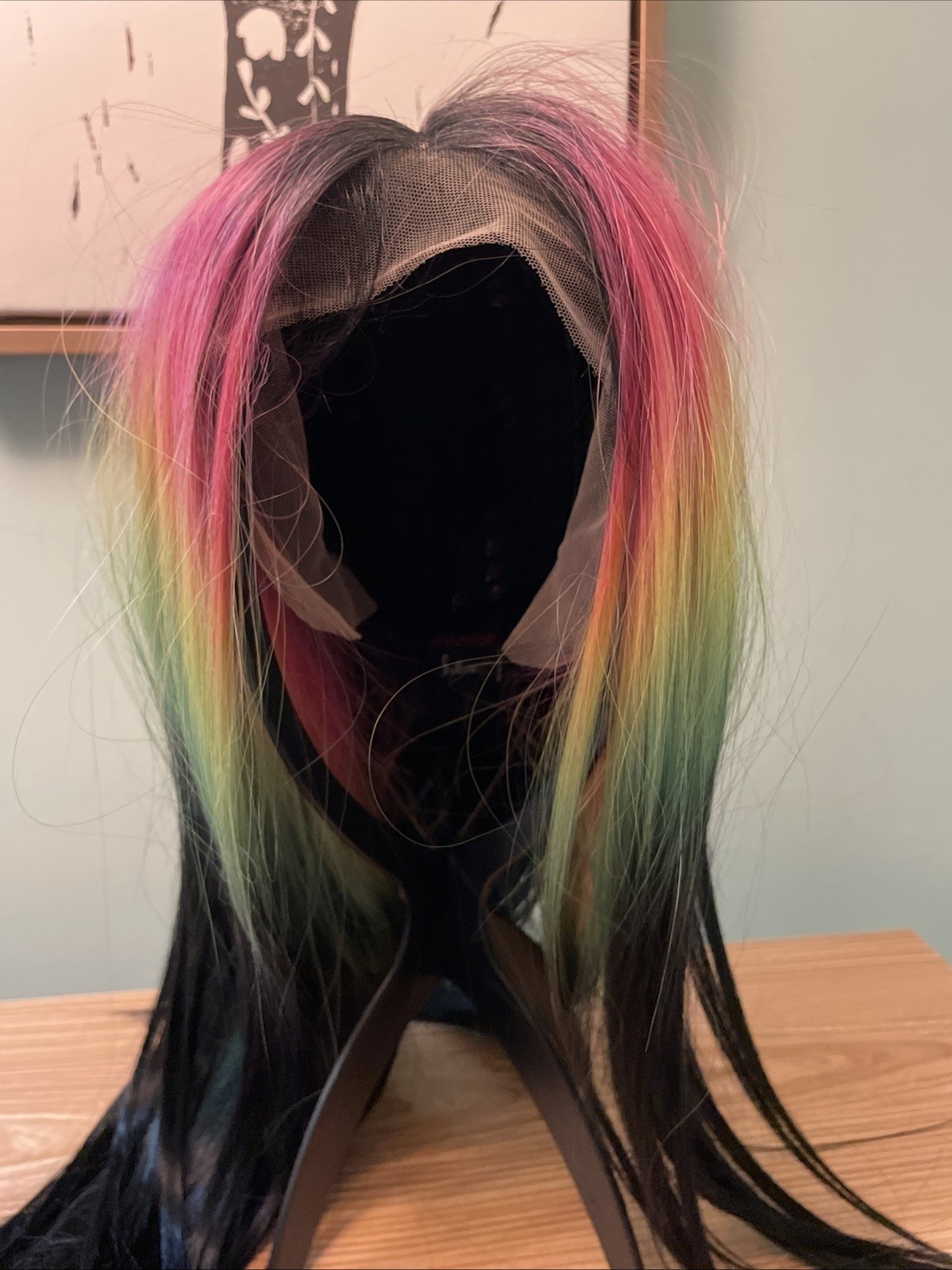 Straight Black Synthetic Lace front deep Part Wig With Rainbow Ombré