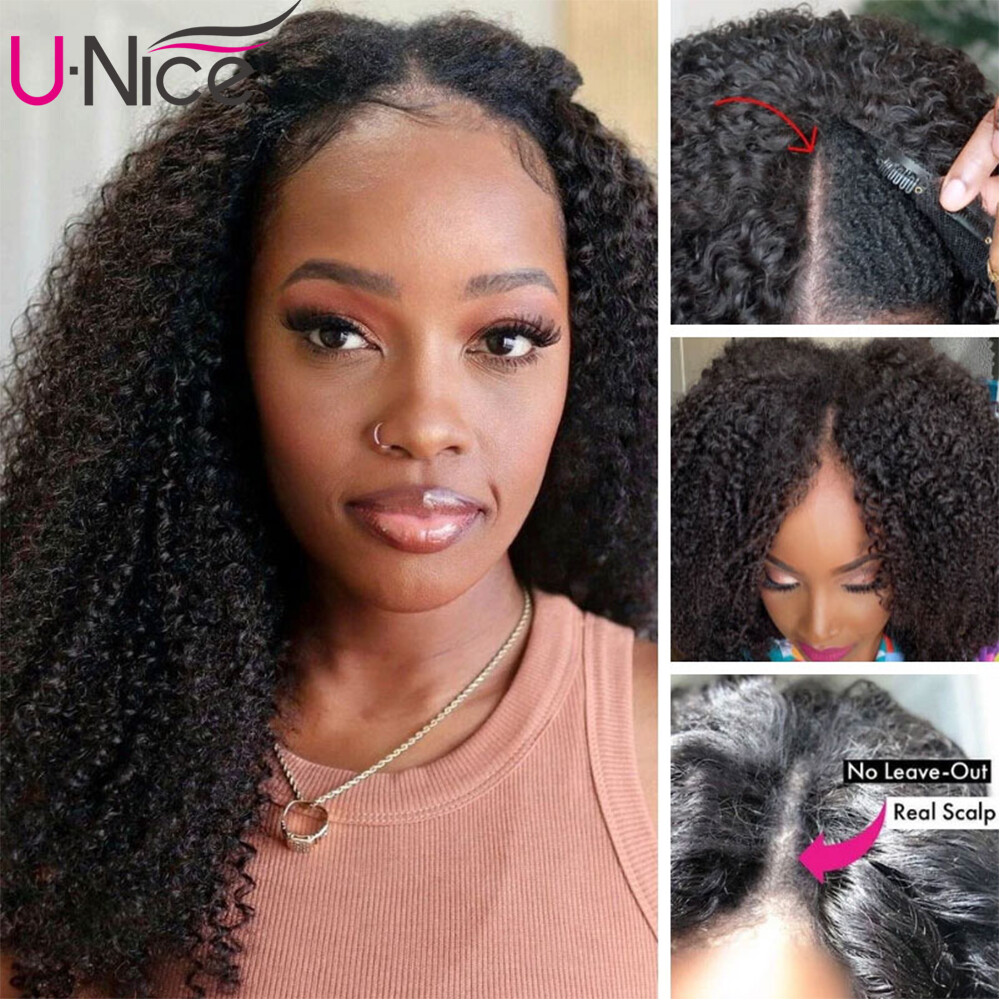 UNice Cambodian Kinky Curly V Part Lace Wigs Human Hair for Black Women Glueless