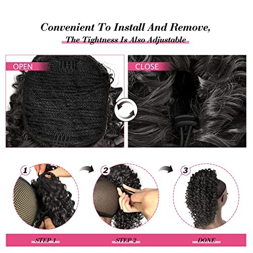 Deep Curly Drawstring Ponytail Extension for Black Women Black Afro 14 Inch 1b
