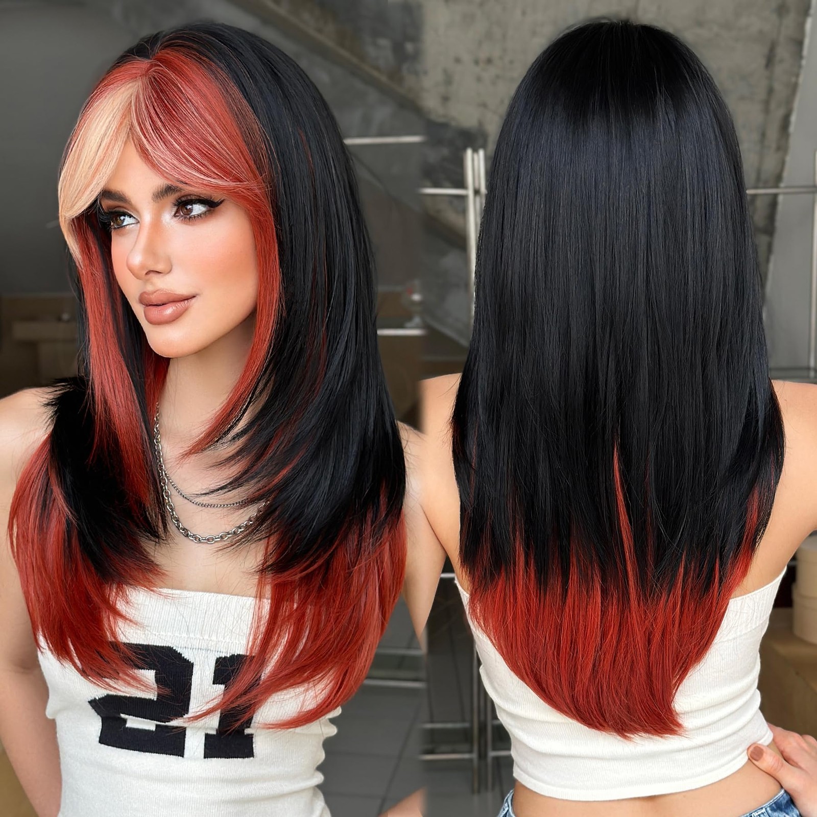 7Jhh Wigs Black Ginger Wig Half Orange Ombre Pink Bangs For Women 25 Inch