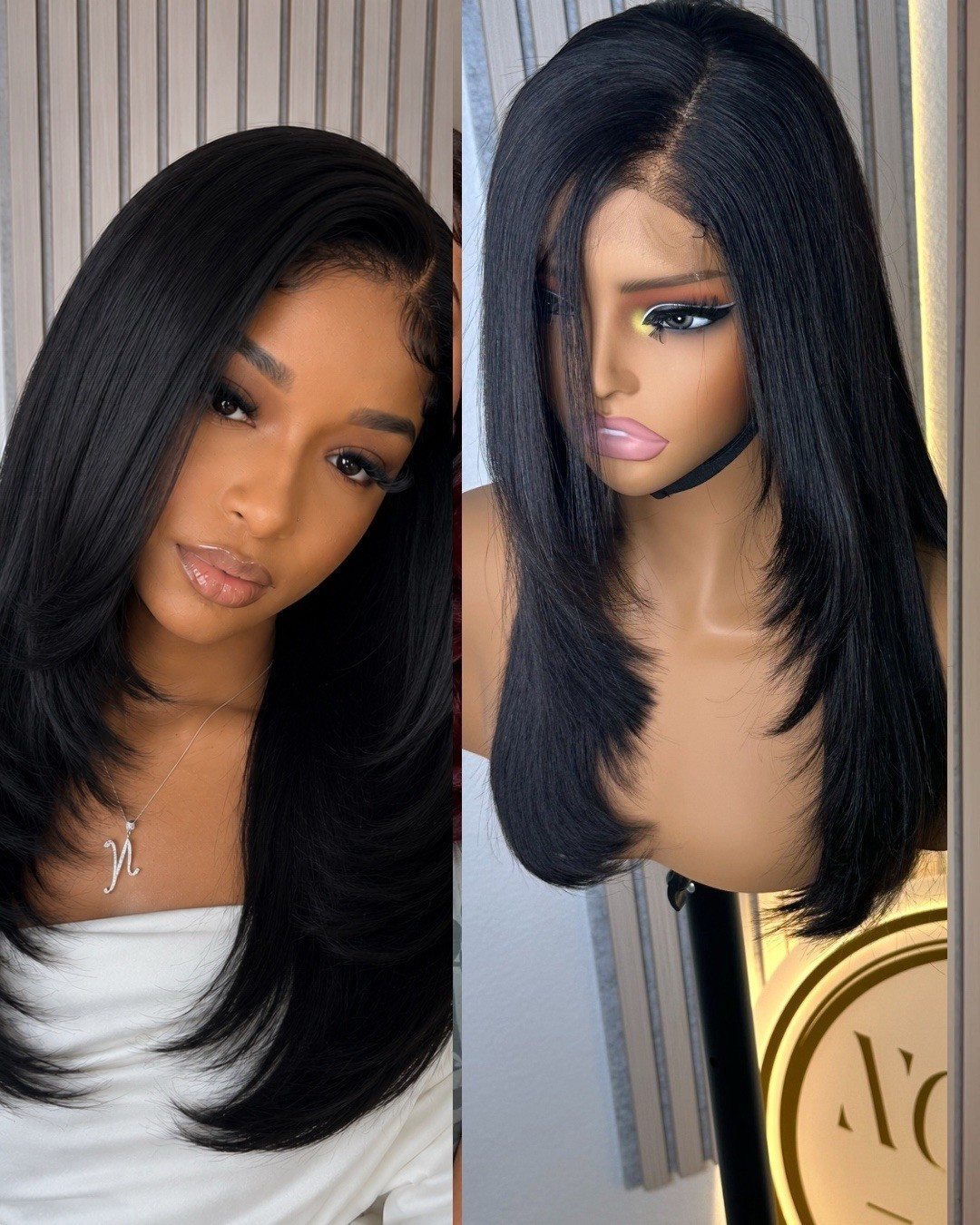 18” Black Layered Cut Wig 5×5 HD Lace Closure Side Part Straight Human Hair Wig