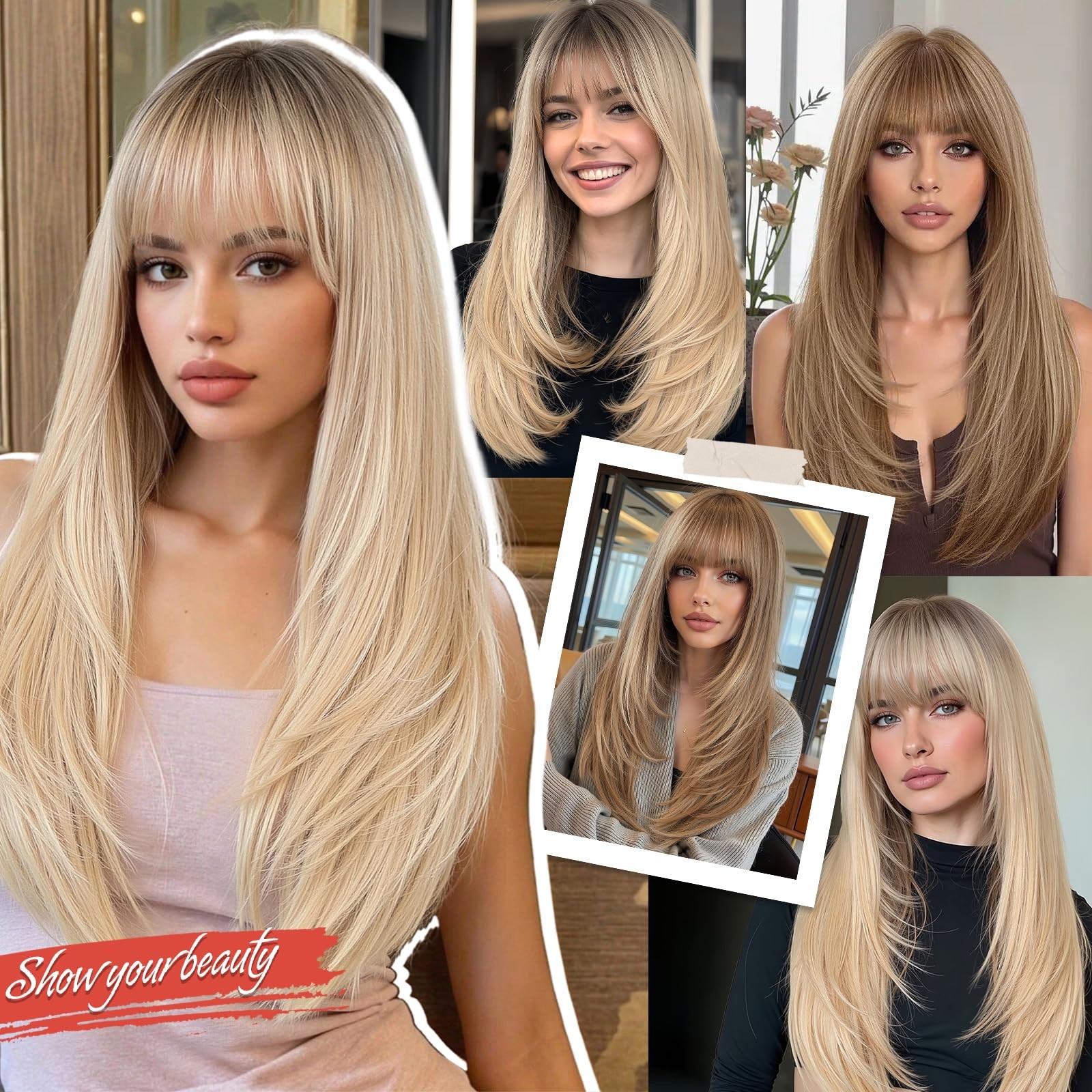 Ombre Blonde Wigs for Women Long Straight layered Wig With Bangs 22 inch Natu…