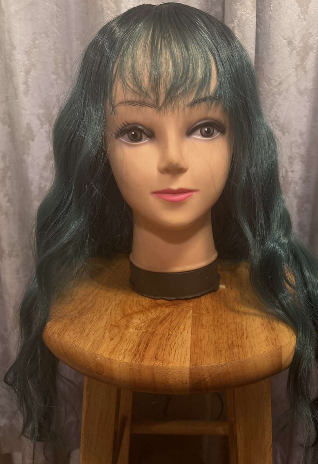 Wig Curly Wavy Blue Green Black with Bangs 26 Inch Layered
