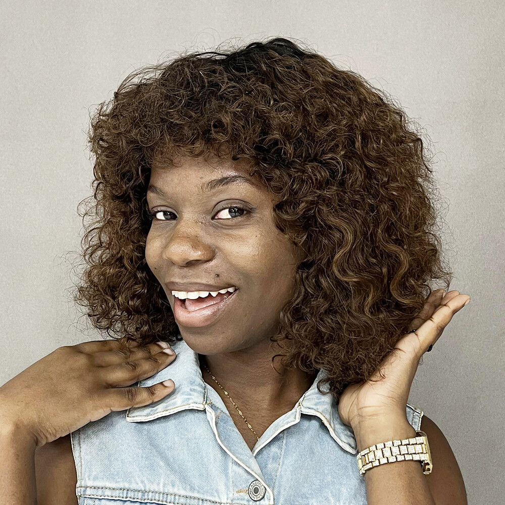Human Remy Hair Wigs Water Wave Short Curyl Fringe Bob Machine Made Wig