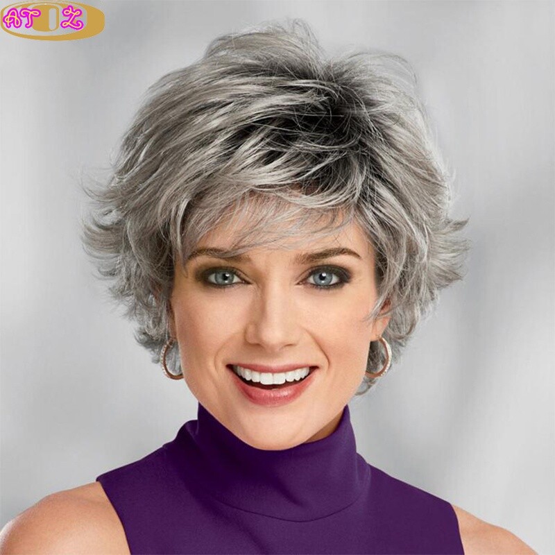 Women Short Gray Wigs Ombre Grey Hair Pixie Cut Wigs for Daily Wear Natural Wigs