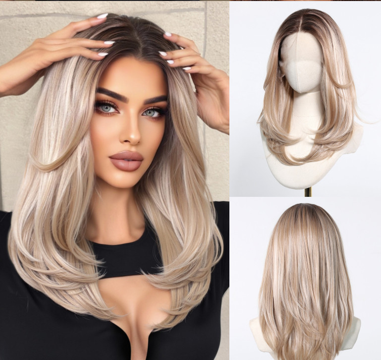 Rooted Blonde Mix Large Lace FrontFree Part Straight Layered Cut Synthetic Wigs