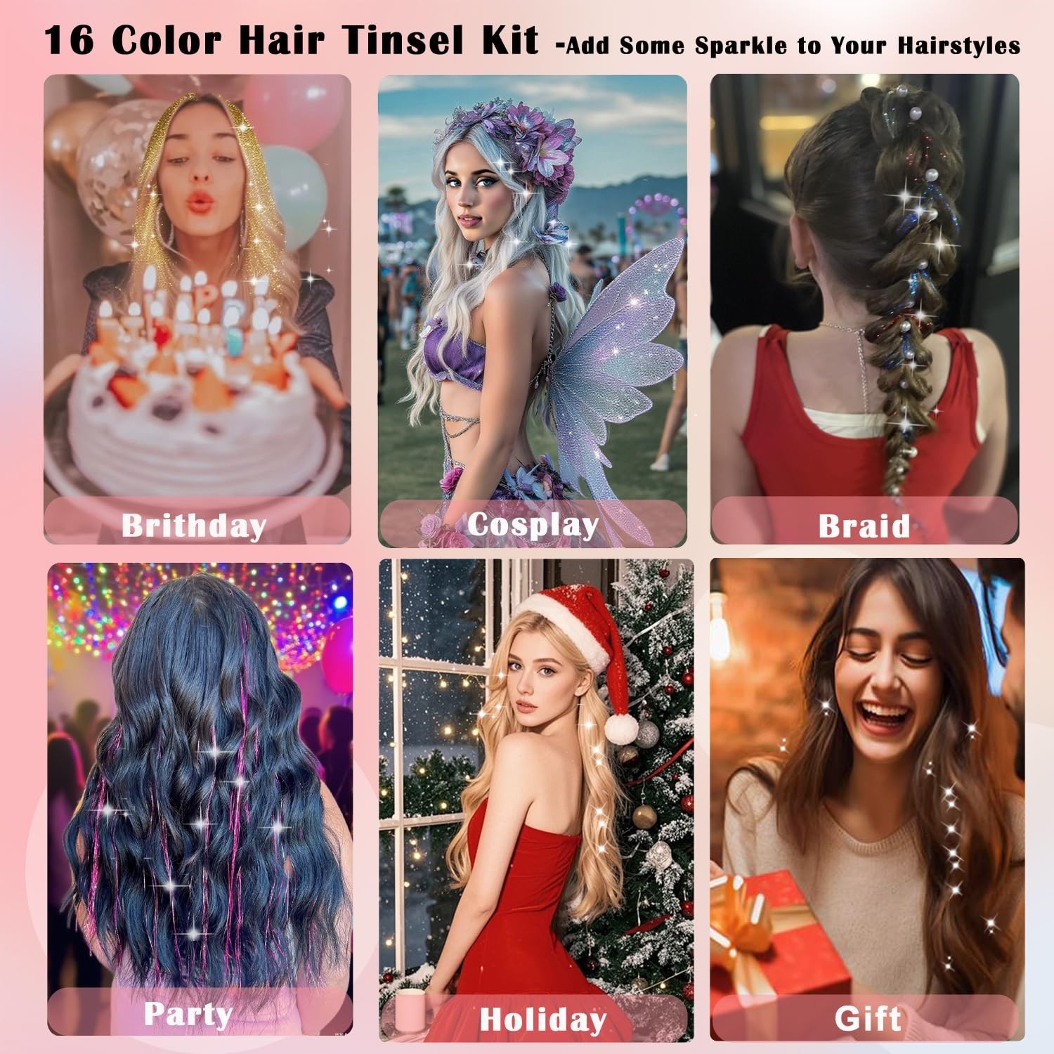 Hair Tinsel Kit, 16 Colors 7200 Strands Glitter Tinsel Hair Extensions Heat Resi
