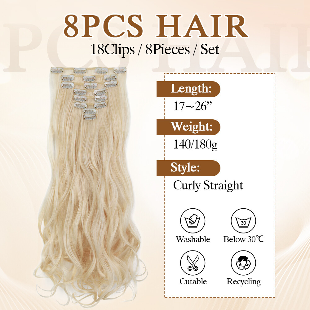 100% Real Natural Full Head Clip in Hair Extensions 8Pcs Straight Wavy Synthetic